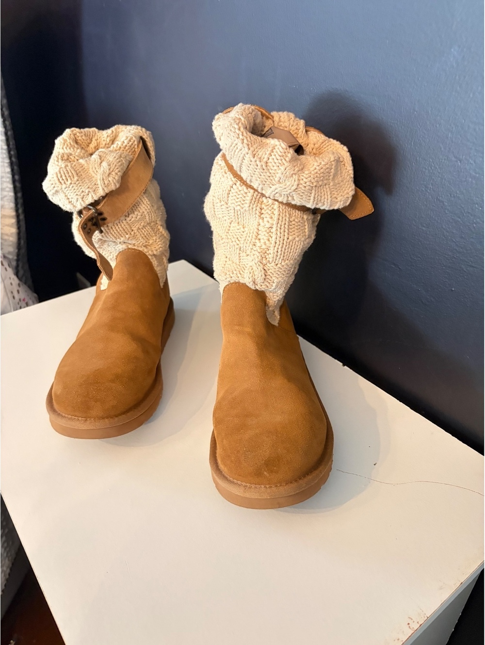 UGG Cassidee Chestnut Suede Cable Knit Buckle Boots Women’s Size 9
